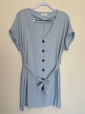 &merci Button Mini Shirt Dress Sz M Linen Cotton Tie Waist VNeck Prairie Peasant